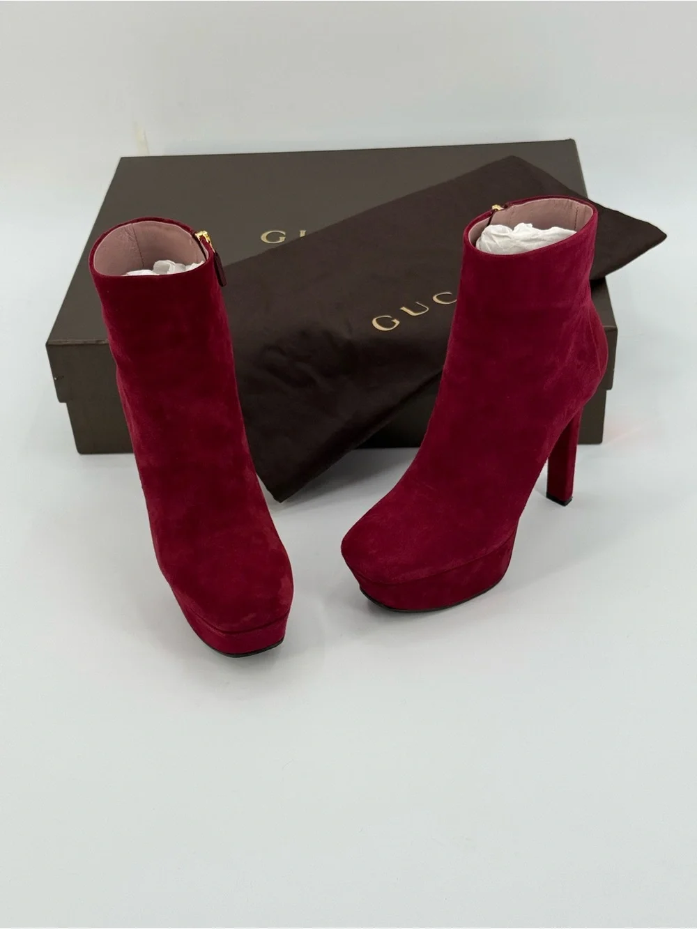 Gucci Kid Scamosciato Burgundy Suede Platform Ankle Boots Heels Zip Luxury SZ 6